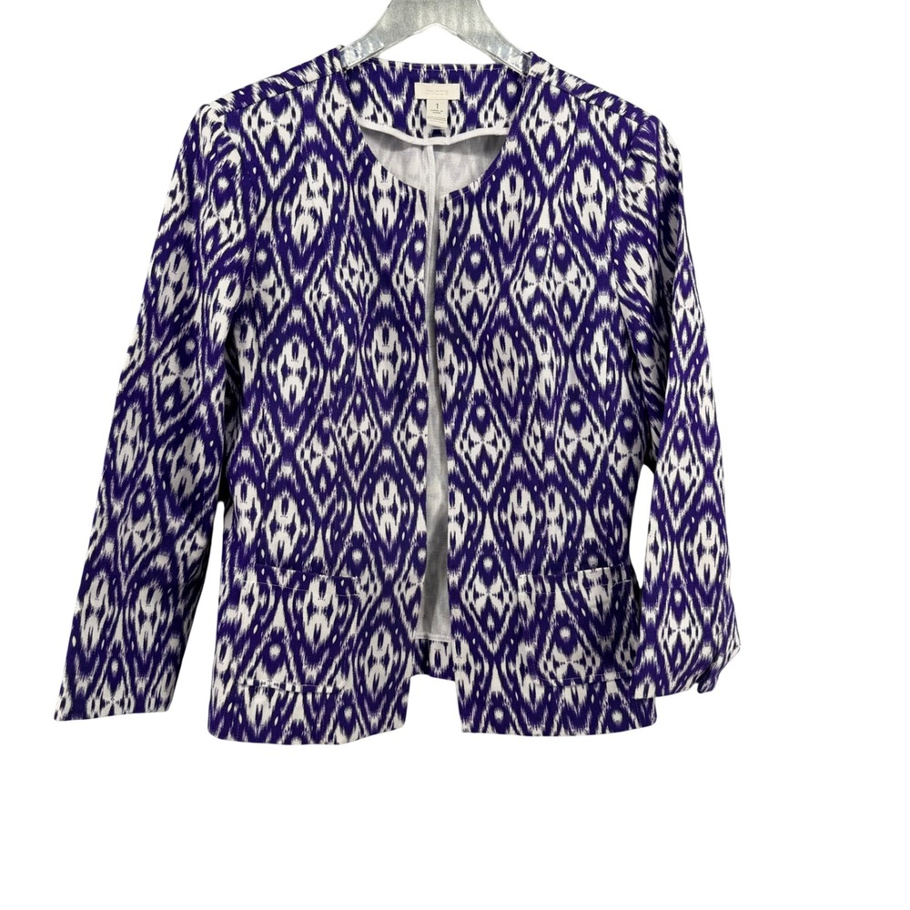 Chicos Purple Ikat Diamond Print Open Front Blazer Jacket Cotton Stretch Size 1